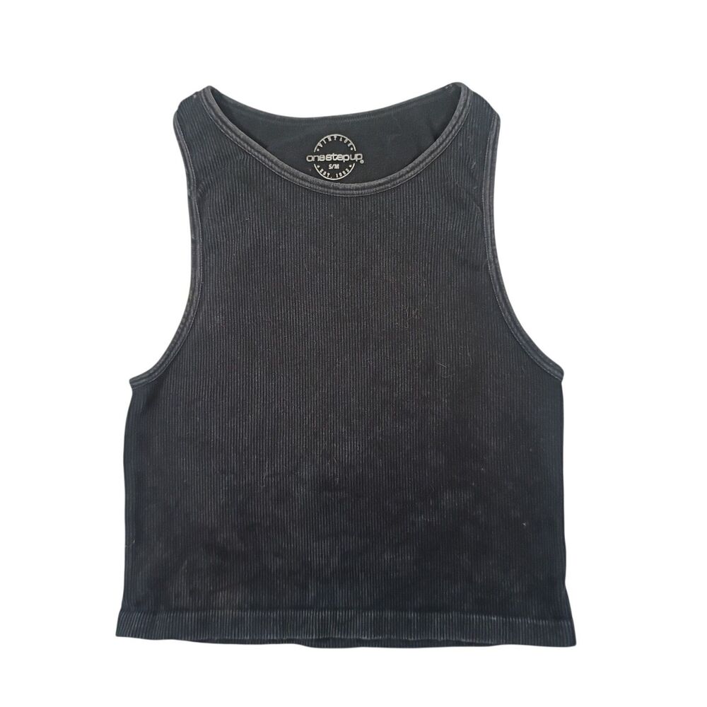 One Step Up Black Cropped Tank Top Scoop Neck Knit Cotton Spandex Size S/M - Picture 2 of 6